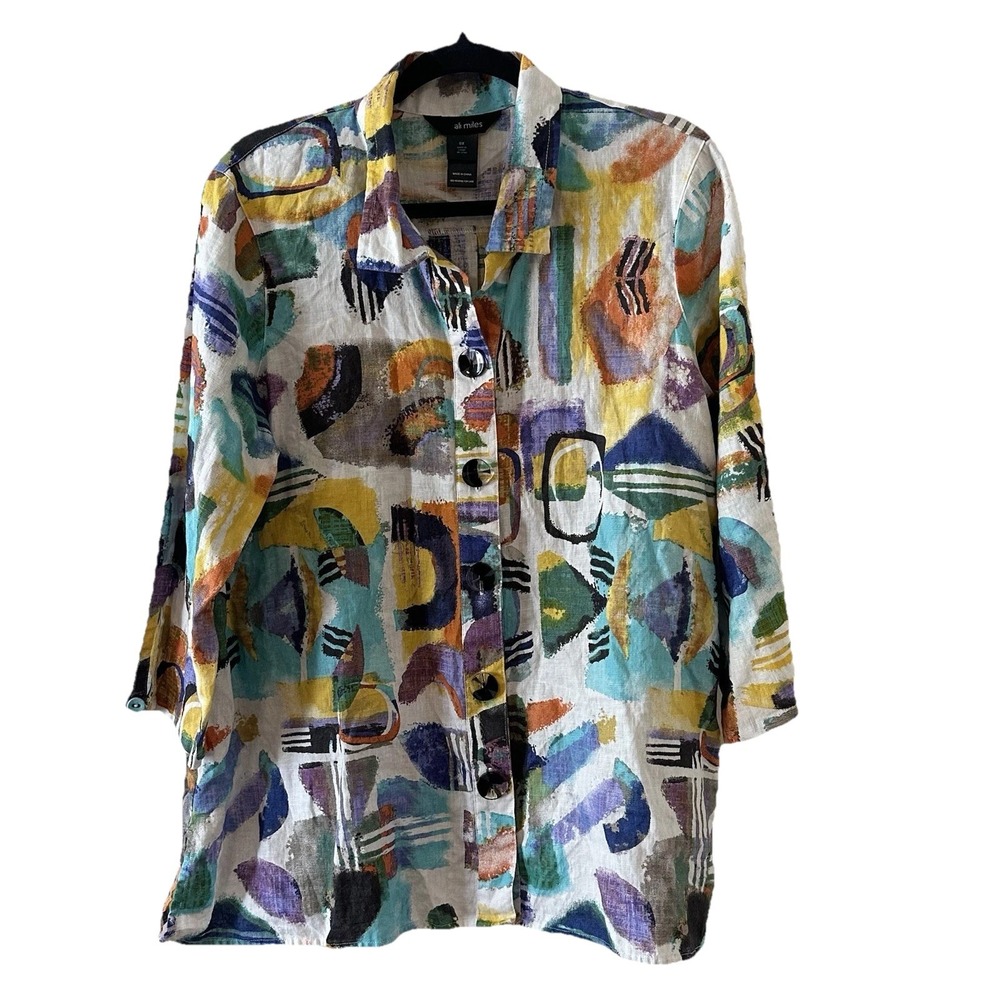 Ali Miles Colorful Geometric Print Linen Blend Button Artsy Tunic Plus Size‎ 0X